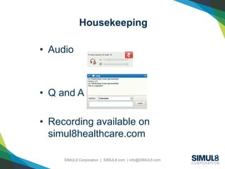 SIMUL8 Corporation | SIMUL8.com | info@SIMUL8.com
Housekeeping
• Audio
• Q and A
• Recording available on
simul8healthcare.com
 