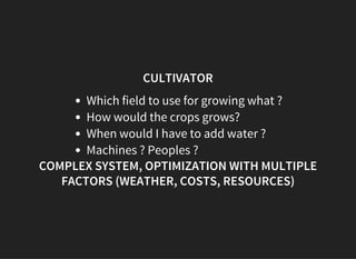 CULTIVATOR
Which field to use for growing what ?
How would the crops grows?
When would I have to add water ?
Machines ? Pe...