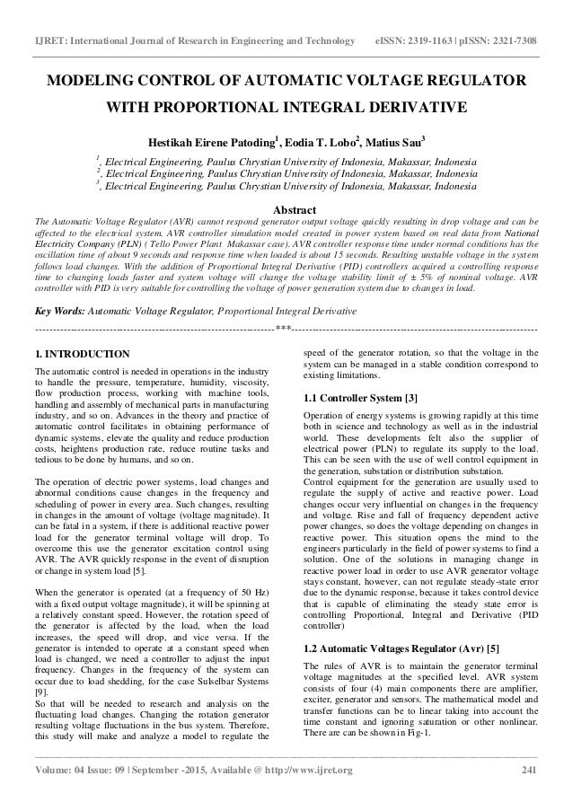 Modeling Control Of Automatic Voltage Regulator With Proportional Int