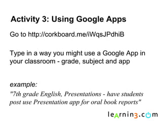 Activity 3: Using Google Apps
Go to http://corkboard.me/iWqsJPdhiB

Type in a way you might use a Google App in
your classroom - grade, subject and app


example:
"7th grade English, Presentations - have students
post use Presentation app for oral book reports"
 