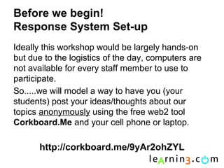 Before we begin!
Response System Set-up
Ideally this workshop would be largely hands-on
but due to the logistics of the day, computers are
not available for every staff member to use to
participate.
So.....we will model a way to have you (your
students) post your ideas/thoughts about our
topics anonymously using the free web2 tool
Corkboard.Me and your cell phone or laptop.

      http://corkboard.me/9yAr2ohZYL
 
