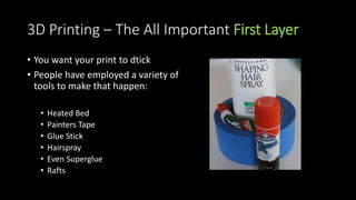 3D Printing Concepts and Vocabulary Words
Filament – Our “thread” for
our final product
Filament Drive – Moves the
Filament to the Hot End
Hot End – Melts that Filament
so we can “draw” with it.
 