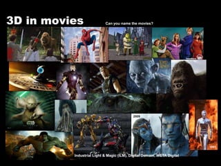 3D in movies Can you name the movies?
Industrial Light & Magic (ILM), Digital Domain, WETA Digital
1991
2009
 