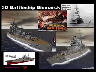 3D Battleship Bismarck
823 ft. long
50,000 tons
8, 14” guns
1960
See free on YouTube
 