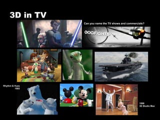 3D in TV
Can you name the TV shows and commercials?
1998
3D Studio Max
Rhythm & Hues
1993
 