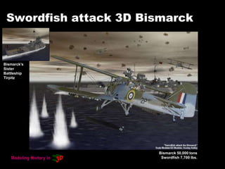 Swordfish attack 3D Bismarck
Bismarck 50,000 tons
Swordfish 7,700 lbs.
Bismarck’s
Sister
Battleship
Tirpitz
 
