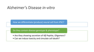 Alzheimer’s Disease in-vitro
How we differentiate (produce) neural cell from iPSC?
• Are they showing secretion of Aβ Pept...