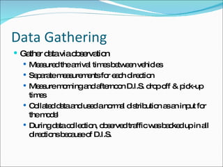 Data Gathering Gather data via observation Measured the arrival times between vehicles Separate measurements for each direction Measure morning and afternoon D.I.S. drop off & pick-up times Collated data and used a normal distribution as an input for the model During data collection, observed traffic was backed up in all directions because of D.I.S. 