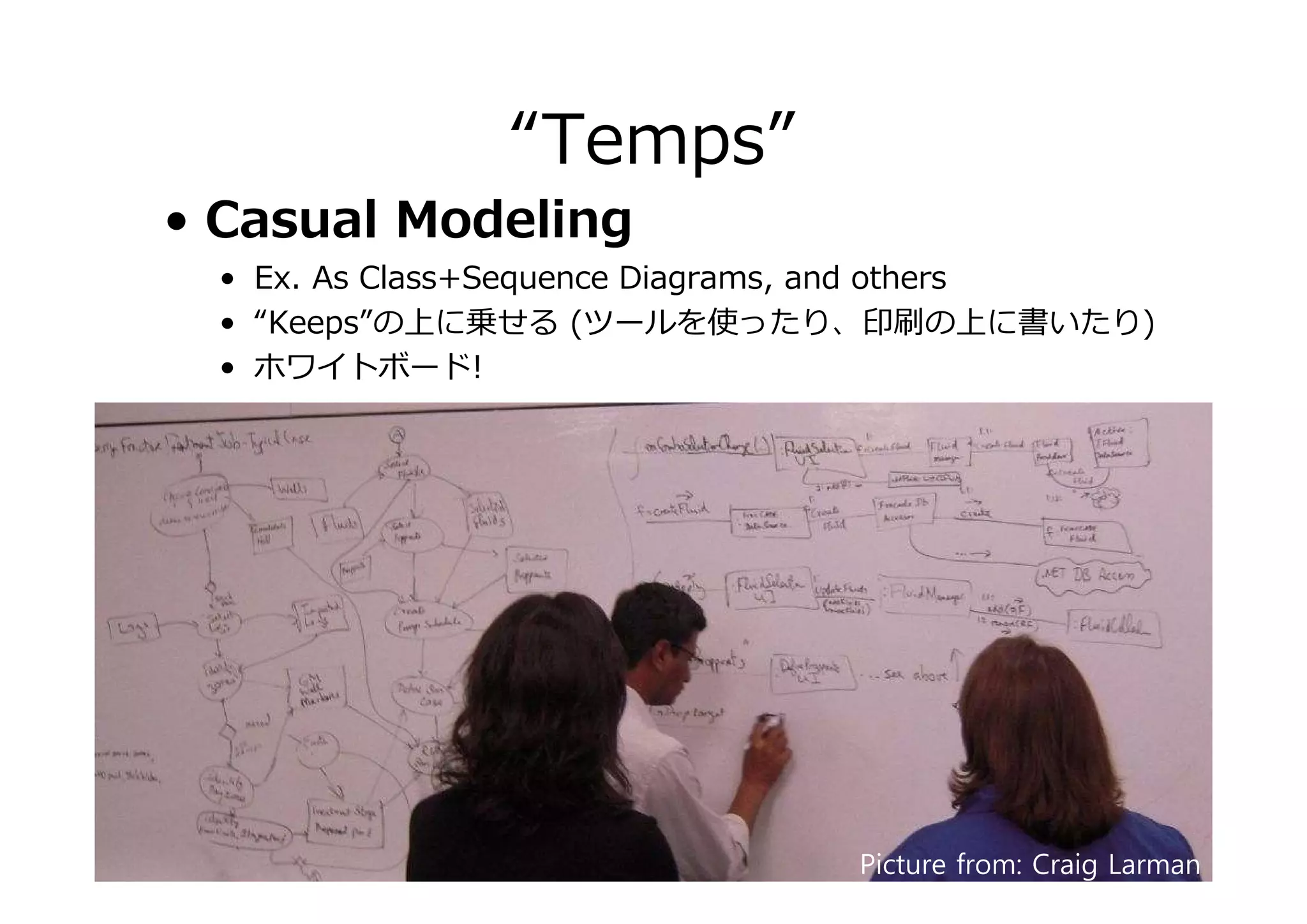 “Temps”

• Casual Modeling

• Ex. As Class+Sequence Diagrams, and others
• “Keeps”の上に乗せる (ツールを使ったり、印刷の上に書いたり)
• ホワイトボード!

 