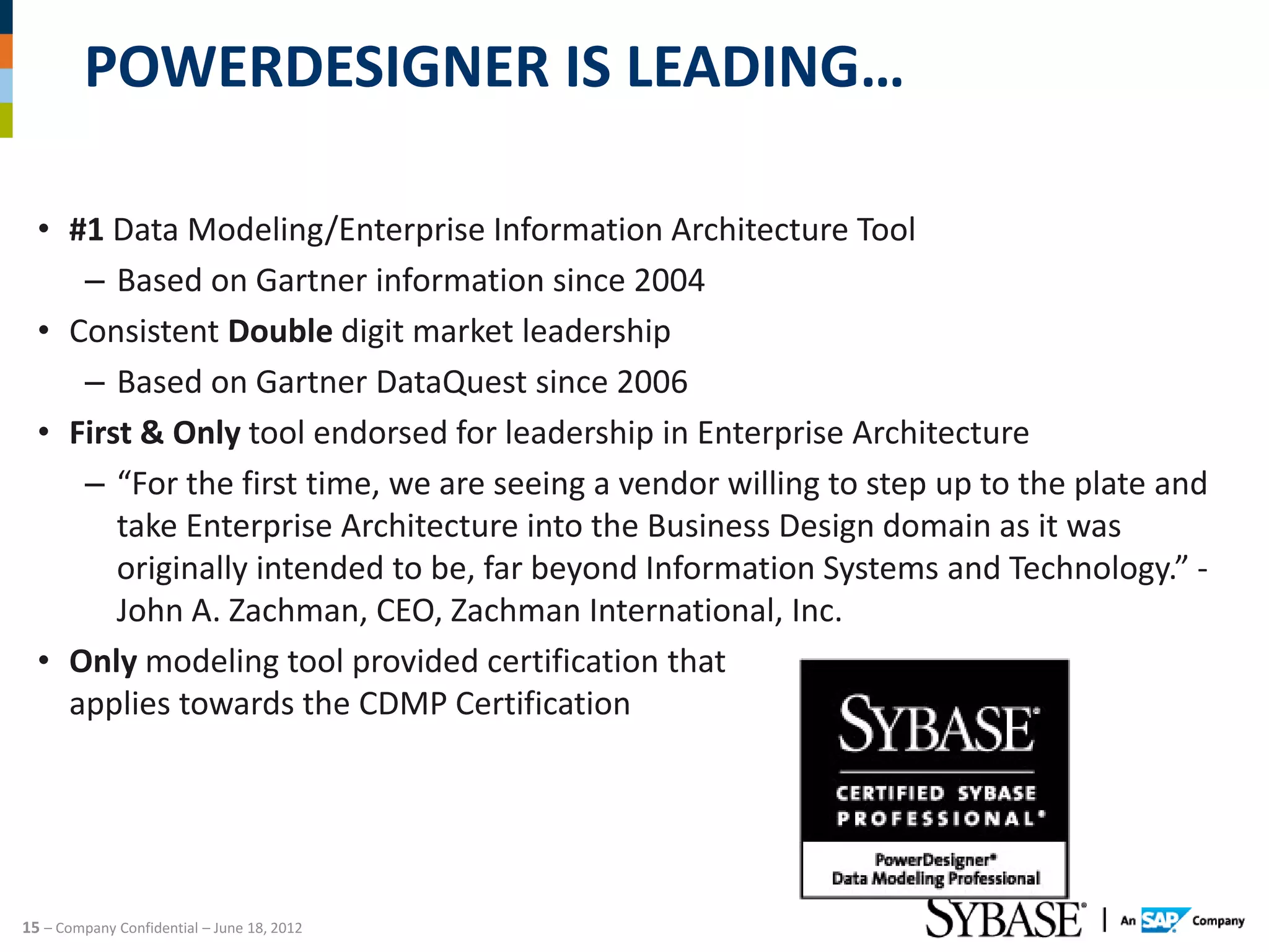 POWERDESIGNER IS LEADING…

  • #1 Data Modeling/Enterprise Information Architecture Tool
     – Based on Gartner information since 2004
  • Consistent Double digit market leadership
     – Based on Gartner DataQuest since 2006
  • First & Only tool endorsed for leadership in Enterprise Architecture
     – “For the first time, we are seeing a vendor willing to step up to the plate and
        take Enterprise Architecture into the Business Design domain as it was
        originally intended to be, far beyond Information Systems and Technology.” -
        John A. Zachman, CEO, Zachman International, Inc.
  • Only modeling tool provided certification that
    applies towards the CDMP Certification




15 – Company Confidential – June 18, 2012
 