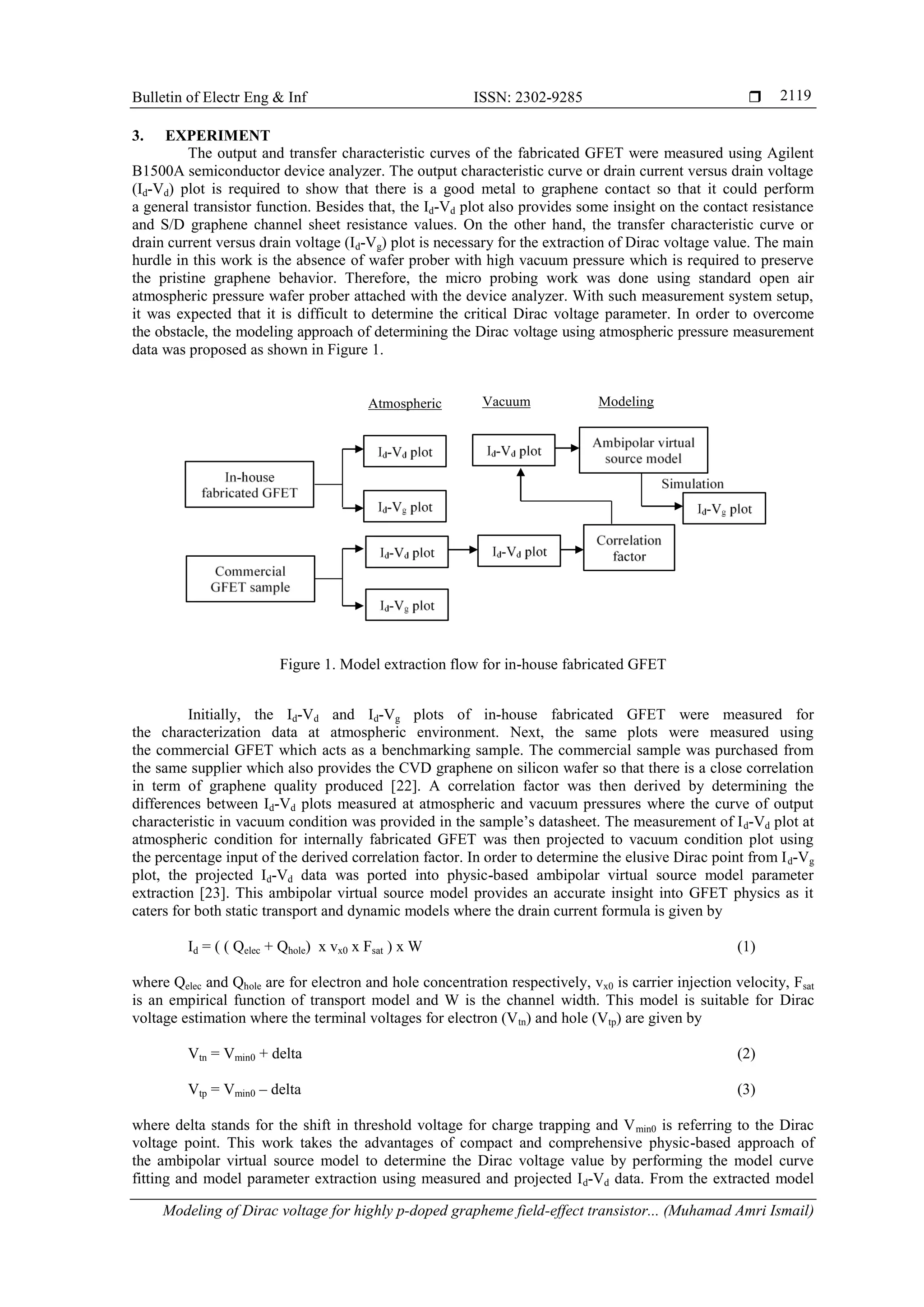 Bulletin of Electr Eng & Inf ISSN: 2302-9285 
Modeling of Dirac voltage for highly p-doped grapheme field-effect transistor... (Muhamad Amri Ismail)
2119
3. EXPERIMENT
The output and transfer characteristic curves of the fabricated GFET were measured using Agilent
B1500A semiconductor device analyzer. The output characteristic curve or drain current versus drain voltage
(Id-Vd) plot is required to show that there is a good metal to graphene contact so that it could perform
a general transistor function. Besides that, the Id-Vd plot also provides some insight on the contact resistance
and S/D graphene channel sheet resistance values. On the other hand, the transfer characteristic curve or
drain current versus drain voltage (Id-Vg) plot is necessary for the extraction of Dirac voltage value. The main
hurdle in this work is the absence of wafer prober with high vacuum pressure which is required to preserve
the pristine graphene behavior. Therefore, the micro probing work was done using standard open air
atmospheric pressure wafer prober attached with the device analyzer. With such measurement system setup,
it was expected that it is difficult to determine the critical Dirac voltage parameter. In order to overcome
the obstacle, the modeling approach of determining the Dirac voltage using atmospheric pressure measurement
data was proposed as shown in Figure 1.
Figure 1. Model extraction flow for in-house fabricated GFET
Initially, the Id-Vd and Id-Vg plots of in-house fabricated GFET were measured for
the characterization data at atmospheric environment. Next, the same plots were measured using
the commercial GFET which acts as a benchmarking sample. The commercial sample was purchased from
the same supplier which also provides the CVD graphene on silicon wafer so that there is a close correlation
in term of graphene quality produced [22]. A correlation factor was then derived by determining the
differences between Id-Vd plots measured at atmospheric and vacuum pressures where the curve of output
characteristic in vacuum condition was provided in the sample’s datasheet. The measurement of Id-Vd plot at
atmospheric condition for internally fabricated GFET was then projected to vacuum condition plot using
the percentage input of the derived correlation factor. In order to determine the elusive Dirac point from Id-Vg
plot, the projected Id-Vd data was ported into physic-based ambipolar virtual source model parameter
extraction [23]. This ambipolar virtual source model provides an accurate insight into GFET physics as it
caters for both static transport and dynamic models where the drain current formula is given by
Id = ( ( Qelec + Qhole) x vx0 x Fsat ) x W (1)
where Qelec and Qhole are for electron and hole concentration respectively, vx0 is carrier injection velocity, Fsat
is an empirical function of transport model and W is the channel width. This model is suitable for Dirac
voltage estimation where the terminal voltages for electron (Vtn) and hole (Vtp) are given by
Vtn = Vmin0 + delta (2)
Vtp = Vmin0 – delta (3)
where delta stands for the shift in threshold voltage for charge trapping and Vmin0 is referring to the Dirac
voltage point. This work takes the advantages of compact and comprehensive physic-based approach of
the ambipolar virtual source model to determine the Dirac voltage value by performing the model curve
fitting and model parameter extraction using measured and projected Id-Vd data. From the extracted model
Atmospheric Vacuum Modeling
 