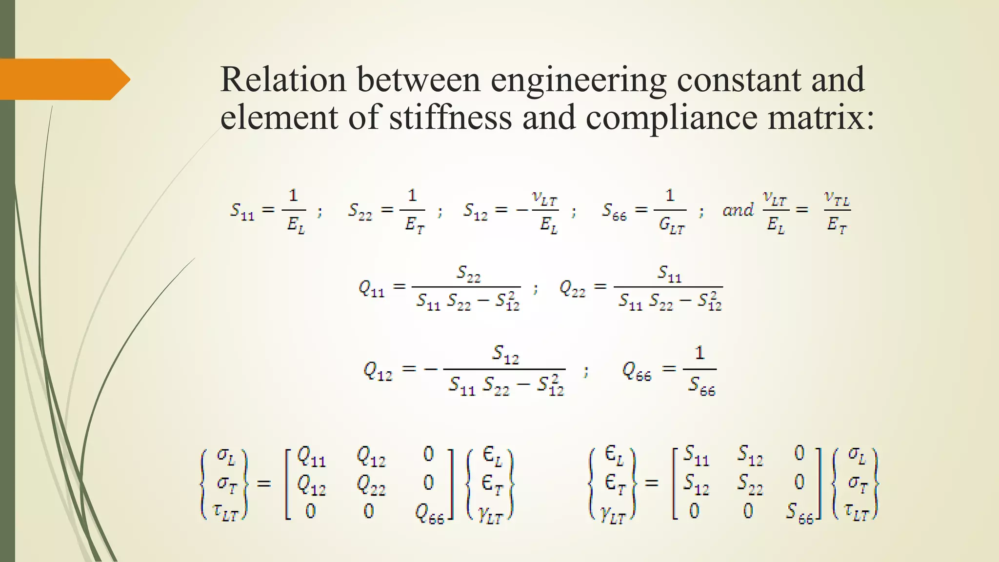 Relation between engineering constant and
element of stiffness and compliance matrix:
 