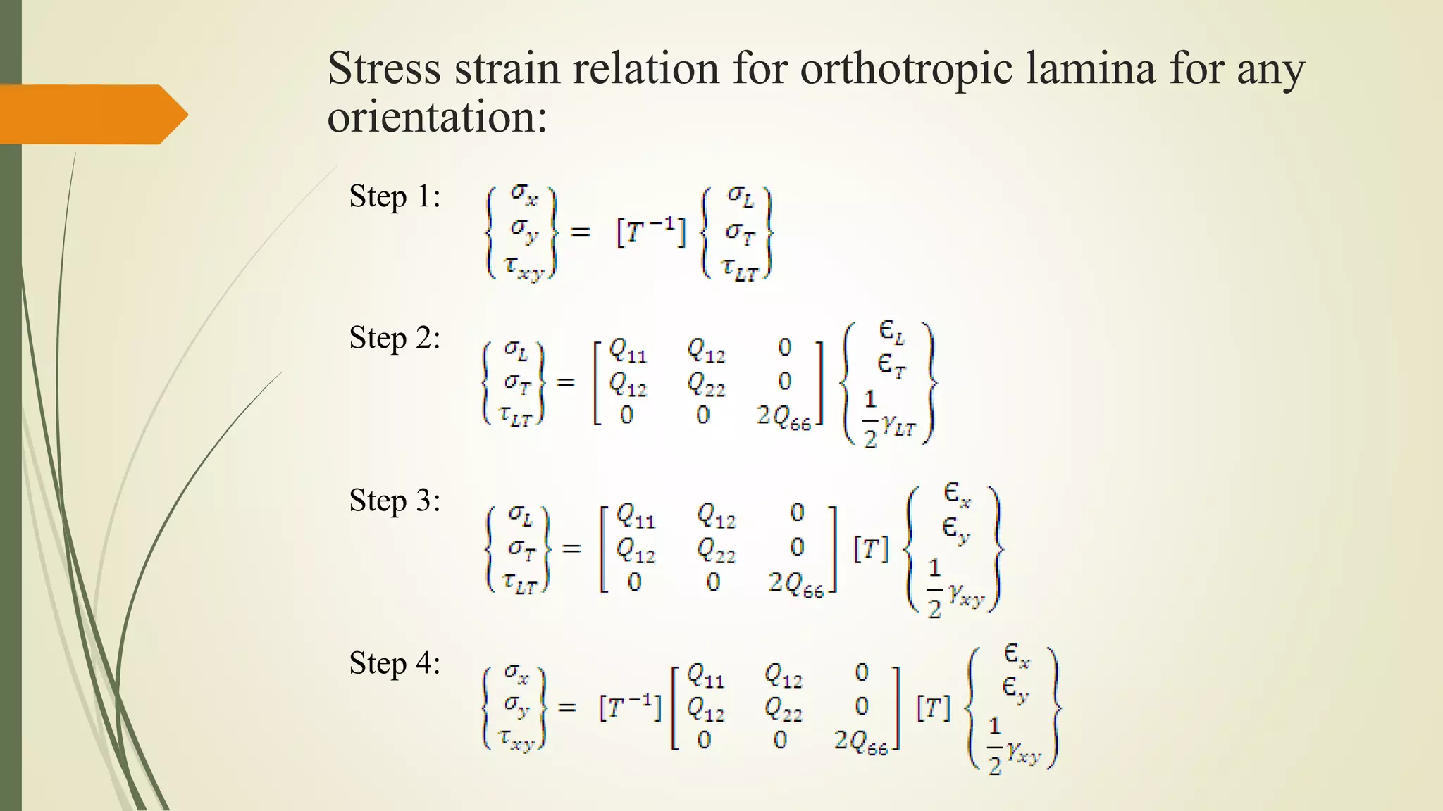 Stress strain relation for orthotropic lamina for any
orientation:
Step 1:
Step 2:
Step 3:
Step 4:
 