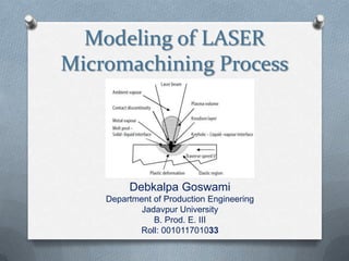 Modeling of LASER
Micromachining Process




         Debkalpa Goswami
    Department of Production Engineering
            Jadavpur University
               B. Prod. E. III
           Roll: 001011701033
 