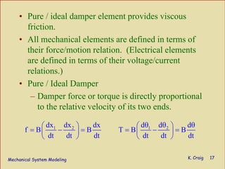 Mechanical System Modeling K. Craig 17
• Pure / ideal damper element provides viscous
friction.
• All mechanical elements are defined in terms of
their force/motion relation. (Electrical elements
are defined in terms of their voltage/current
relations.)
• Pure / Ideal Damper
– Damper force or torque is directly proportional
to the relative velocity of its two ends.
1 2dx dx dx
f B B
dt dt dt
⎛ ⎞
= − =⎜ ⎟
⎝ ⎠
1 2d d d
T B B
dt dt dt
θ θ θ⎛ ⎞
= − =⎜ ⎟
⎝ ⎠
 