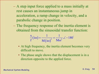 Mechanical System Modeling K. Craig 54
– A step input force applied to a mass initially at
rest causes an instantaneous jump in
acceleration, a ramp change in velocity, and a
parabolic change in position.
– The frequency response of the inertia element is
obtained from the sinusoidal transfer function:
• At high frequency, the inertia element becomes very
difficult to move.
• The phase angle shows that the displacement is in a
direction opposite to the applied force.
( )
( )
2 2
x 1 1
i 180
f MM i
°
ω = = ∠ −
ωω
 