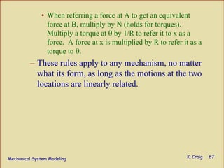 Mechanical System Modeling K. Craig 67
• When referring a force at A to get an equivalent
force at B, multiply by N (holds for torques).
Multiply a torque at θ by 1/R to refer it to x as a
force. A force at x is multiplied by R to refer it as a
torque to θ.
– These rules apply to any mechanism, no matter
what its form, as long as the motions at the two
locations are linearly related.
 