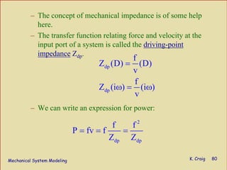 Mechanical System Modeling K. Craig 80
– The concept of mechanical impedance is of some help
here.
– The transfer function relating force and velocity at the
input port of a system is called the driving-point
impedance Zdp.
– We can write an expression for power:
dp
dp
f
Z (D) (D)
v
f
Z (i ) (i )
v
=
ω = ω
2
dp dp
f f
P fv f
Z Z
= = =
 