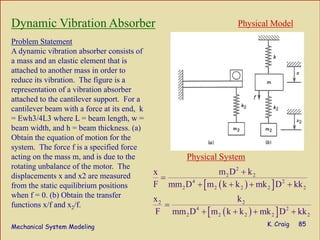 Mechanical System Modeling K. Craig 85
Physical System
Physical Model
Problem Statement
A dynamic vibration absorber consists of
a mass and an elastic element that is
attached to another mass in order to
reduce its vibration. The figure is a
representation of a vibration absorber
attached to the cantilever support. For a
cantilever beam with a force at its end, k
= Ewh3/4L3 where L = beam length, w =
beam width, and h = beam thickness. (a)
Obtain the equation of motion for the
system. The force f is a specified force
acting on the mass m, and is due to the
rotating unbalance of the motor. The
displacements x and x2 are measured
from the static equilibrium positions
when f = 0. (b) Obtain the transfer
functions x/f and x2/f.
( )[ ]
( )[ ]
2
2 2
4 2
2 2 2 2 2
2 2
4 2
2 2 2 2 2
m D kx
F mm D m k k mk D kk
x k
F mm D m k k mk D kk
+
=
+ + + +
=
+ + + +
Dynamic Vibration Absorber
 
