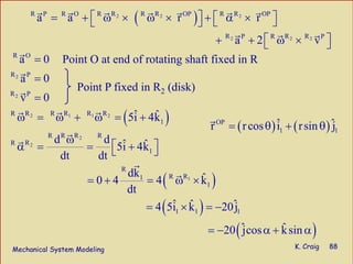 Mechanical System Modeling K. Craig 88
( )2 2 2
2 2 2
R R RR P R O R R OP R OP
R R RP R P
a a r r
a 2 v
⎡ ⎤ ⎡ ⎤= + ω × ω × + α ×⎣ ⎦⎣ ⎦
⎡ ⎤+ + ω ×⎣ ⎦
2
2
R O
R P
R P
a 0
a 0
v 0
=
=
=
Point O at end of rotating shaft fixed in R
Point P fixed in R2 (disk)
( )
( )
( )
2 1 1 2
2
2
1
R R R RR R
1
RR R R
RR
1
R
RR1
1
1 1 1
ˆ ˆ5i 4k
d d ˆ ˆ5i 4k
dt dt
dk ˆ0 4 4 k
dt
ˆ ˆ ˆ4 5i k 20j
ω = ω + ω = +
ω
⎡ ⎤α = = +⎣ ⎦
= + = ω ×
= × = −
( )ˆ ˆ20 jcos ksin= − α + α
( ) ( )OP
1 1
ˆ ˆr rcos i rsin j= θ + θ
 
