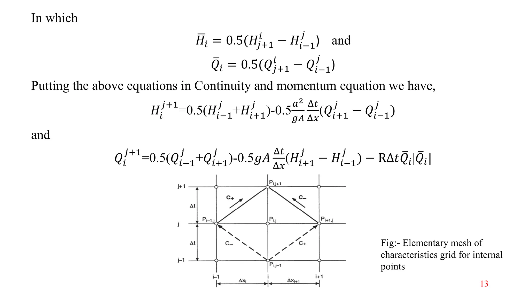 In which
ഥ𝐻𝑖 = 0.5(𝐻𝑗+1
𝑖
− 𝐻𝑖−1
𝑗
) and
ത𝑄𝑖 = 0.5(𝑄𝑗+1
𝑖
− 𝑄𝑖−1
𝑗
)
Putting the above equations in Continuity and momentum equation we have,
𝐻𝑖
𝑗+1
=0.5(𝐻𝑖−1
𝑗
+𝐻𝑖+1
𝑗
)-0.5
𝑎2
𝑔𝐴
Δ𝑡
Δ𝑥
(𝑄𝑖+1
𝑗
− 𝑄𝑖−1
𝑗
)
and
𝑄𝑖
𝑗+1
=0.5(𝑄𝑖−1
𝑗
+𝑄𝑖+1
𝑗
)-0.5𝑔𝐴
Δ𝑡
Δ𝑥
(𝐻𝑖+1
𝑗
− 𝐻𝑖−1
𝑗
) − RΔ𝑡 ത𝑄𝑖| ത𝑄𝑖|
Fig:- Elementary mesh of
characteristics grid for internal
points
13
 