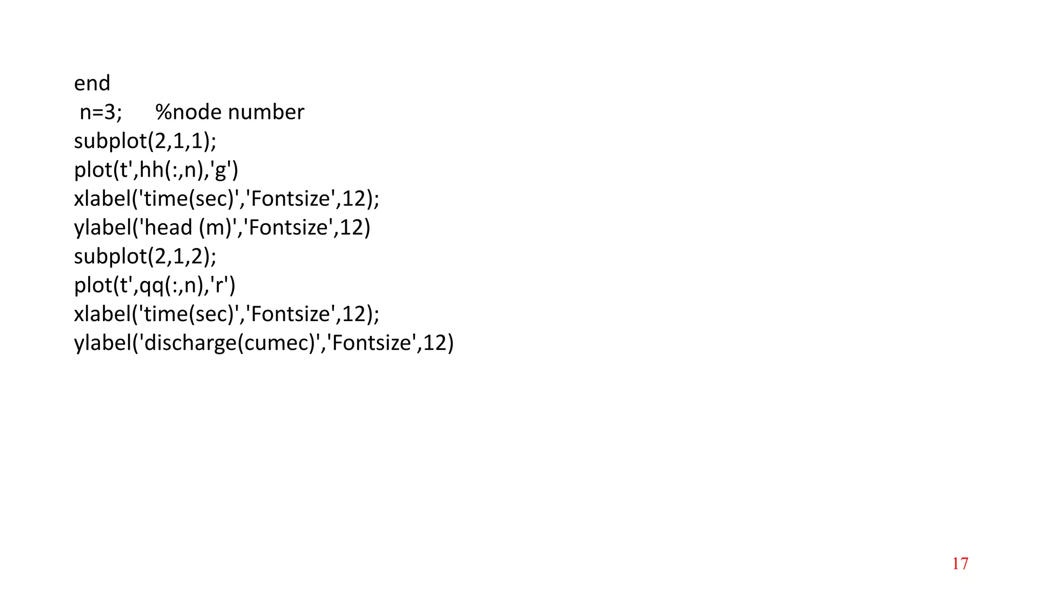 end
n=3; %node number
subplot(2,1,1);
plot(t',hh(:,n),'g')
xlabel('time(sec)','Fontsize',12);
ylabel('head (m)','Fontsize',12)
subplot(2,1,2);
plot(t',qq(:,n),'r')
xlabel('time(sec)','Fontsize',12);
ylabel('discharge(cumec)','Fontsize',12)
17
 