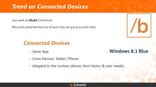 Last week at /Build Conference
Microsoft presented the line of work they are going to push hard:
Connected Devices
• Same App
• Cross Devices: Tablet / Phone
• Adapted to the context (device, form factor, & user needs)
Trend on Connected Devices
Windows 8.1 Blue
 