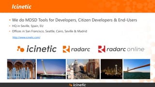 Icinetic
• We do MDSD Tools for Developers, Citizen Developers & End-Users
• HQ in Seville, Spain, EU
• Offices in San Francisco, Seattle, Cairo, Seville & Madrid
http://www.icinetic.com/
 