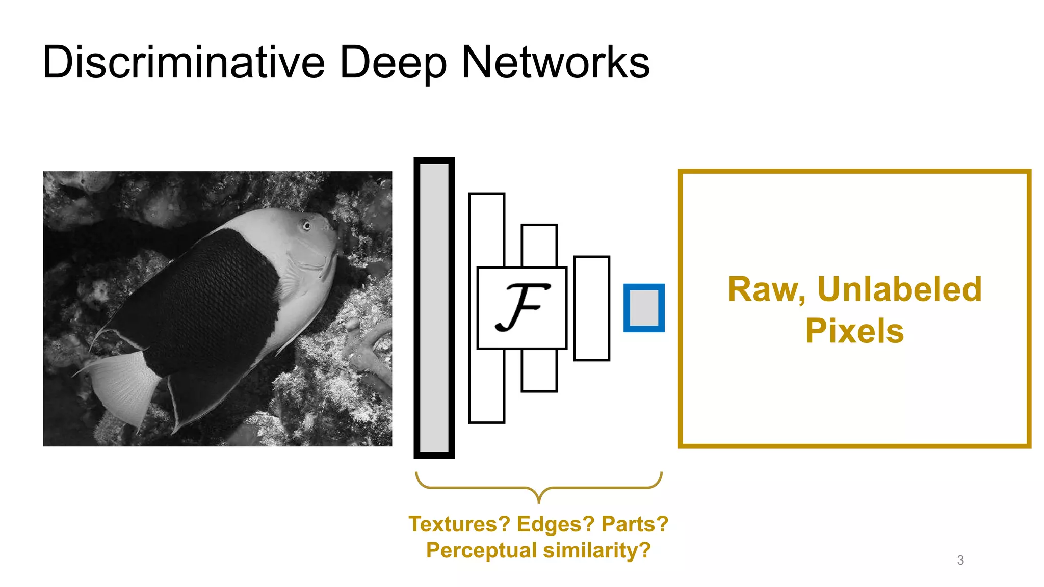 Discriminative Deep Networks
3
Raw, Unlabeled
Pixels
Textures? Edges? Parts?
Perceptual similarity?
 