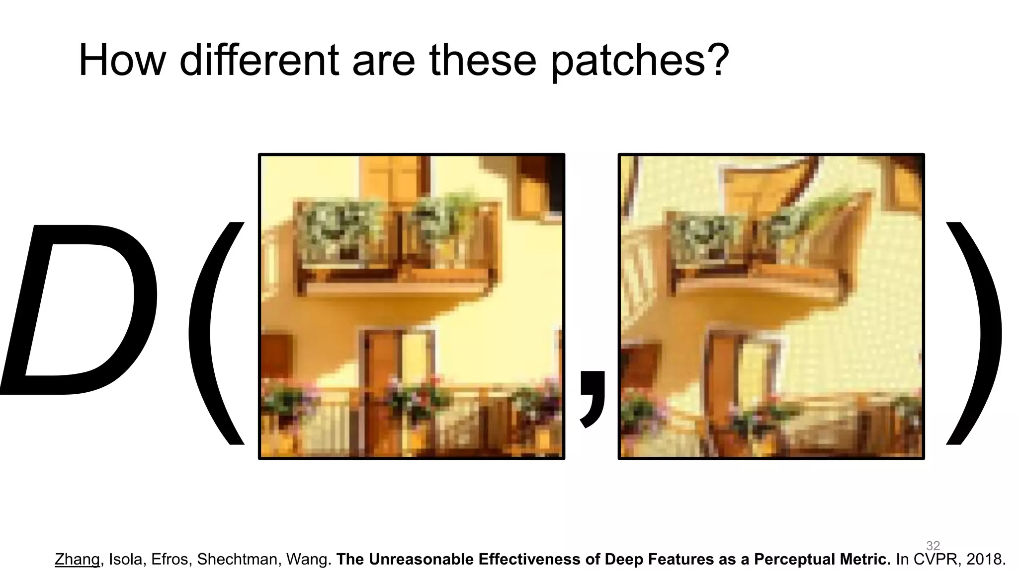 32
Zhang, Isola, Efros, Shechtman, Wang. The Unreasonable Effectiveness of Deep Features as a Perceptual Metric. In CVPR, 2018.
How different are these patches?
 