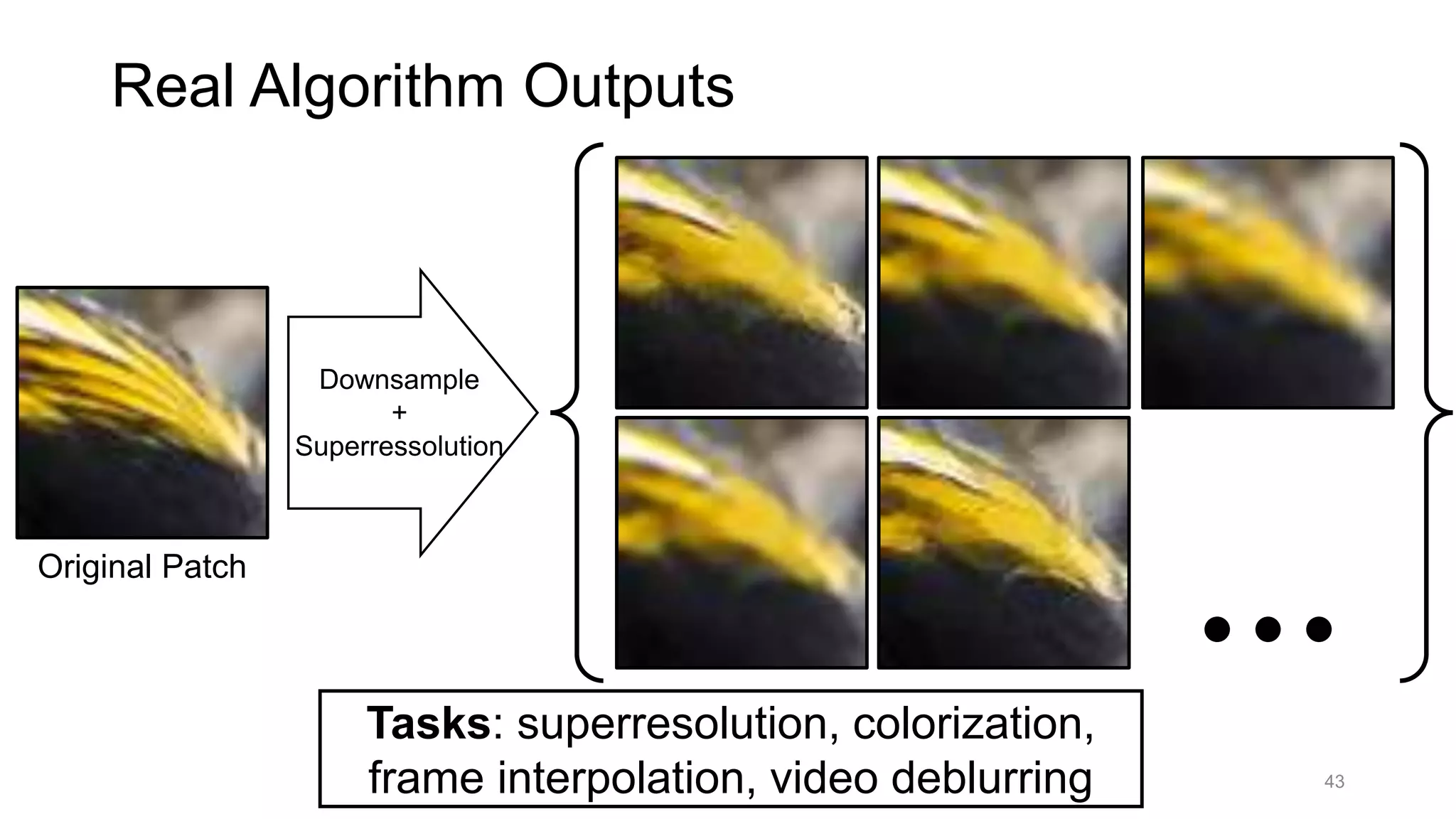 Original Patch
Tasks: superresolution, colorization,
frame interpolation, video deblurring
Real Algorithm Outputs
Downsample
+
Superressolution
43
 
