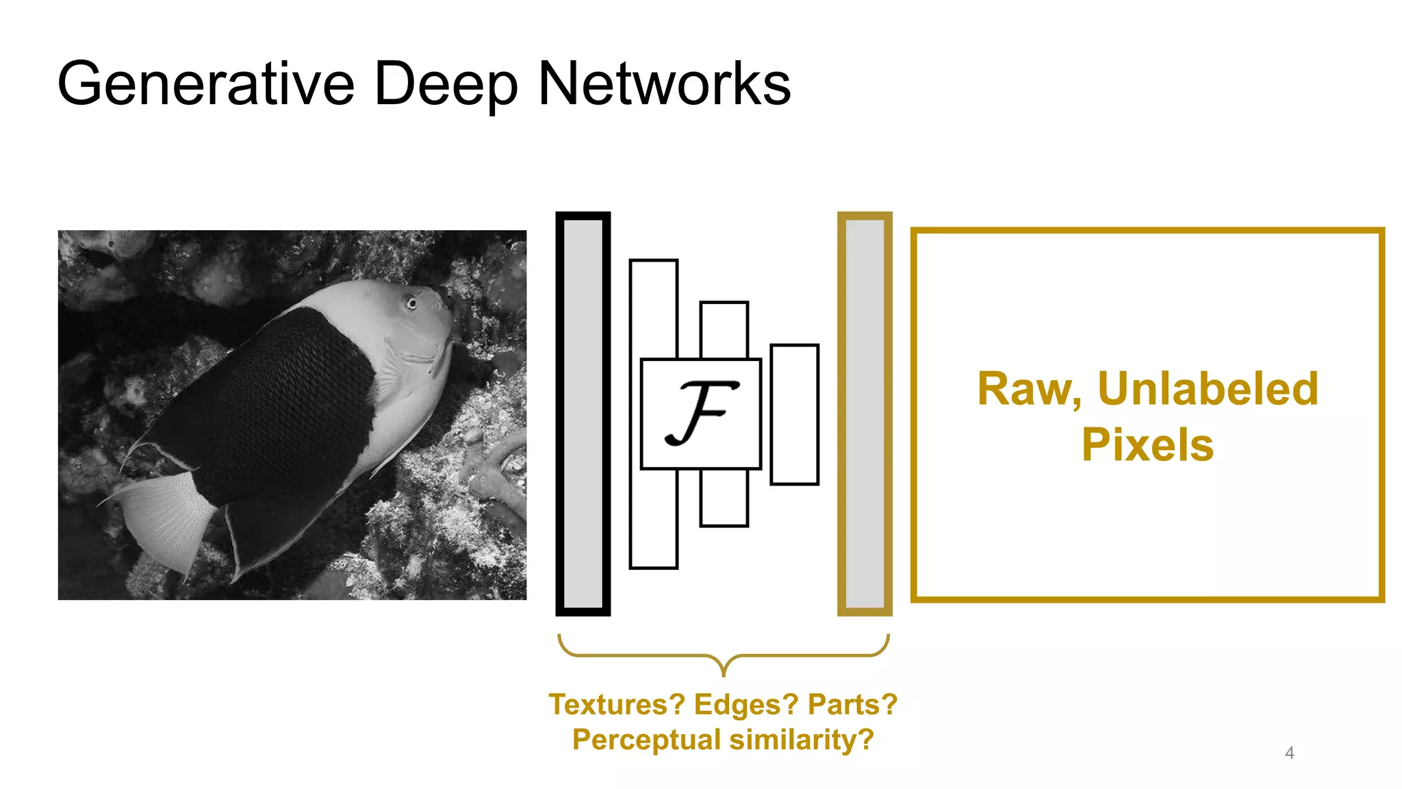 Generative Deep Networks
4
Raw, Unlabeled
Pixels
Textures? Edges? Parts?
Perceptual similarity?
 