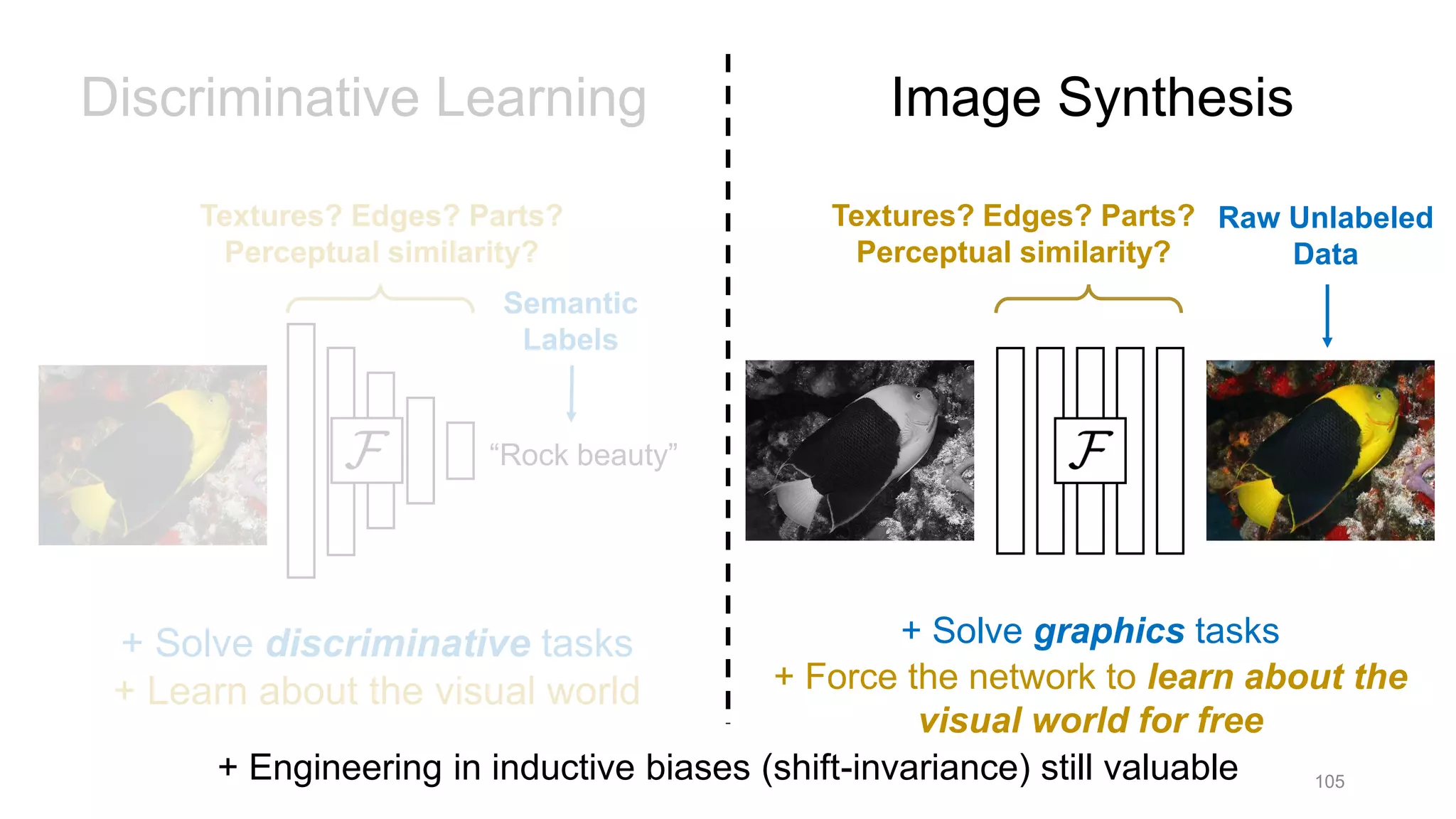 Discriminative Learning
105
“Rock beauty”
Semantic
Labels
Textures? Edges? Parts?
Perceptual similarity?
+ Solve discriminative tasks
+ Learn about the visual world + Force the network to learn about the
visual world for free
Raw Unlabeled
Data
Textures? Edges? Parts?
Perceptual similarity?
Image Synthesis
+ Solve graphics tasks
+ Engineering in inductive biases (shift-invariance) still valuable
 