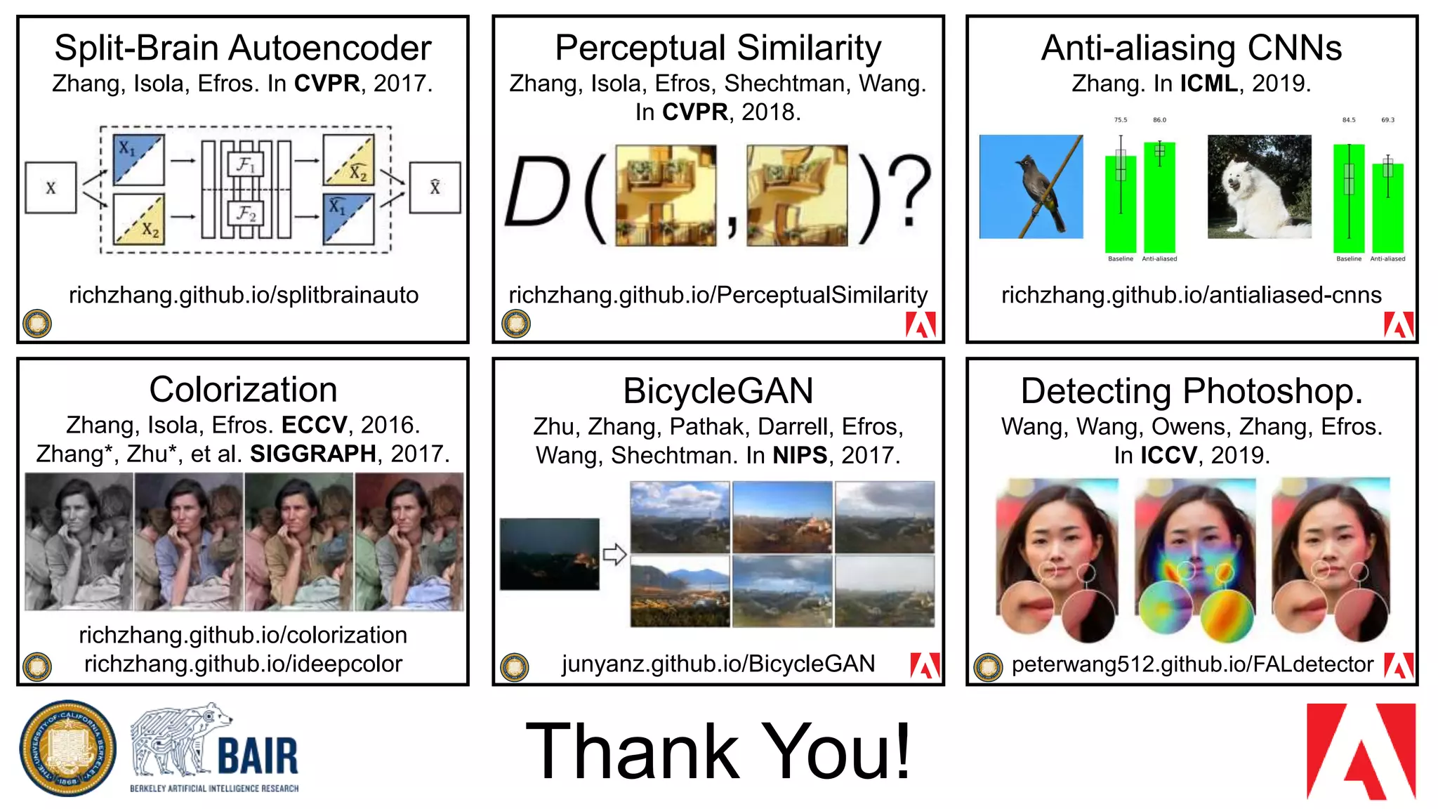 Thank You!
Anti-aliasing CNNs
Zhang. In ICML, 2019.
richzhang.github.io/antialiased-cnns
Perceptual Similarity
Zhang, Isola, Efros, Shechtman, Wang.
In CVPR, 2018.
richzhang.github.io/PerceptualSimilarity
Split-Brain Autoencoder
Zhang, Isola, Efros. In CVPR, 2017.
richzhang.github.io/splitbrainauto
Colorization
Zhang, Isola, Efros. ECCV, 2016.
Zhang*, Zhu*, et al. SIGGRAPH, 2017.
richzhang.github.io/colorization
richzhang.github.io/ideepcolor
BicycleGAN
Zhu, Zhang, Pathak, Darrell, Efros,
Wang, Shechtman. In NIPS, 2017.
junyanz.github.io/BicycleGAN
Detecting Photoshop.
Wang, Wang, Owens, Zhang, Efros.
In ICCV, 2019.
peterwang512.github.io/FALdetector
 
