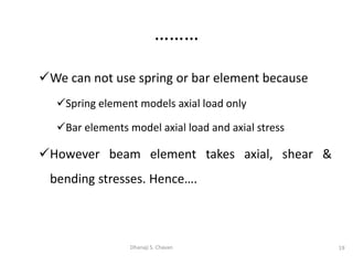 We can not use spring or bar element because
Spring element models axial load only
Bar elements model axial load and axial stress
However beam element takes axial, shear &
bending stresses. Hence….
19
Dhanaji S. Chavan
………
 