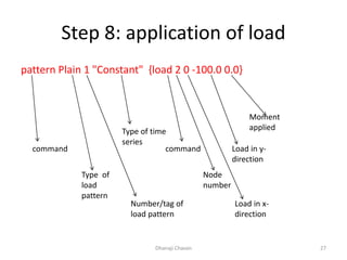 Step 8: application of load
pattern Plain 1 "Constant" {load 2 0 -100.0 0.0}
Dhanaji Chavan 27
command
Type of
load
pattern
Number/tag of
load pattern
Type of time
series
command
Node
number
Load in x-
direction
Load in y-
direction
Moment
applied
 