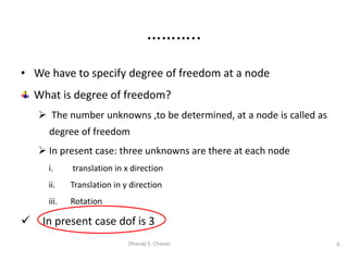 • We have to specify degree of freedom at a node
What is degree of freedom?
 The number unknowns ,to be determined, at a node is called as
degree of freedom
 In present case: three unknowns are there at each node
i. translation in x direction
ii. Translation in y direction
iii. Rotation
 In present case dof is 3
6
Dhanaji S. Chavan
………..
 