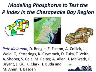 Modeling Phosphorus to Test the
P Index in the Chesapeake Bay Region
Pete Kleinman, D. Beegle, Z. Easton, A. Collick, J.
Weld, Q. Ketterings, K. Czymmek, D. Fuka, T. Veith,
A. Shober, S. Cela, M. Reiter, A. Allen, J. McGrath, R.
Bryant, J. Liu, K. Clark, T. Buda and
M. Amin, T. Basden
 