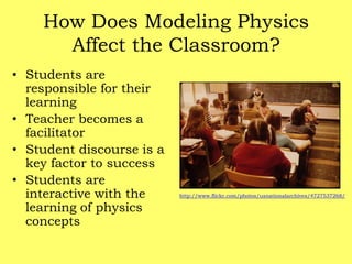 How Does Modeling Physics Affect the Classroom?Students are responsible for their learningTeacher becomes a facilitatorStudent discourse is a key factor to successStudents are interactive with the learning of physics conceptshttp://www.flickr.com/photos/usnationalarchives/4727537268/