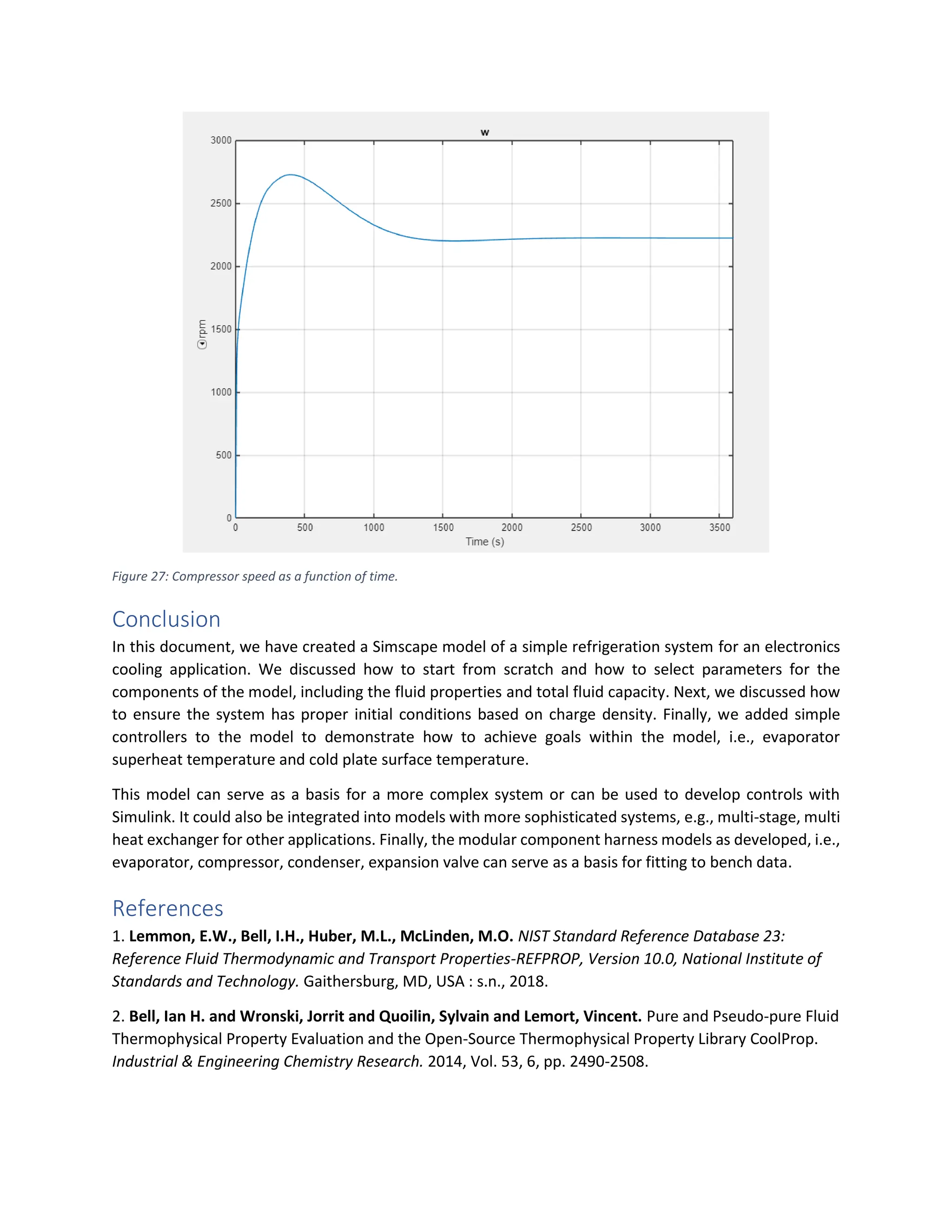 Figure 27: Compressor speed as a function of time.
Conclusion
In this document, we have created a Simscape model of a simple refrigeration system for an electronics
cooling application. We discussed how to start from scratch and how to select parameters for the
components of the model, including the fluid properties and total fluid capacity. Next, we discussed how
to ensure the system has proper initial conditions based on charge density. Finally, we added simple
controllers to the model to demonstrate how to achieve goals within the model, i.e., evaporator
superheat temperature and cold plate surface temperature.
This model can serve as a basis for a more complex system or can be used to develop controls with
Simulink. It could also be integrated into models with more sophisticated systems, e.g., multi-stage, multi
heat exchanger for other applications. Finally, the modular component harness models as developed, i.e.,
evaporator, compressor, condenser, expansion valve can serve as a basis for fitting to bench data.
References
1. Lemmon, E.W., Bell, I.H., Huber, M.L., McLinden, M.O. NIST Standard Reference Database 23:
Reference Fluid Thermodynamic and Transport Properties-REFPROP, Version 10.0, National Institute of
Standards and Technology. Gaithersburg, MD, USA : s.n., 2018.
2. Bell, Ian H. and Wronski, Jorrit and Quoilin, Sylvain and Lemort, Vincent. Pure and Pseudo-pure Fluid
Thermophysical Property Evaluation and the Open-Source Thermophysical Property Library CoolProp.
Industrial & Engineering Chemistry Research. 2014, Vol. 53, 6, pp. 2490-2508.
 