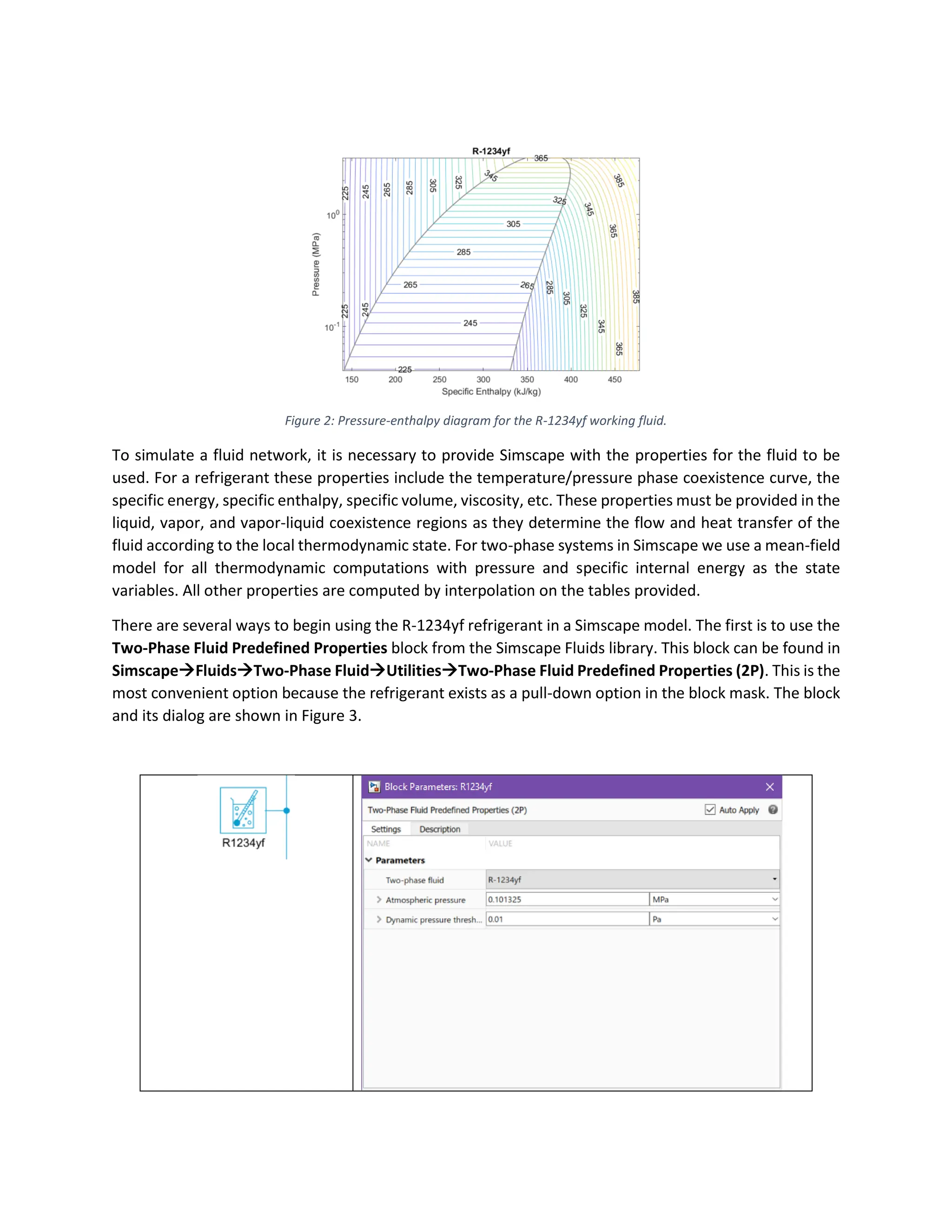 Figure 2: Pressure-enthalpy diagram for the R-1234yf working fluid.
To simulate a fluid network, it is necessary to provide Simscape with the properties for the fluid to be
used. For a refrigerant these properties include the temperature/pressure phase coexistence curve, the
specific energy, specific enthalpy, specific volume, viscosity, etc. These properties must be provided in the
liquid, vapor, and vapor-liquid coexistence regions as they determine the flow and heat transfer of the
fluid according to the local thermodynamic state. For two-phase systems in Simscape we use a mean-field
model for all thermodynamic computations with pressure and specific internal energy as the state
variables. All other properties are computed by interpolation on the tables provided.
There are several ways to begin using the R-1234yf refrigerant in a Simscape model. The first is to use the
Two-Phase Fluid Predefined Properties block from the Simscape Fluids library. This block can be found in
Simscape→Fluids→Two-Phase Fluid→Utilities→Two-Phase Fluid Predefined Properties (2P). This is the
most convenient option because the refrigerant exists as a pull-down option in the block mask. The block
and its dialog are shown in Figure 3.
 