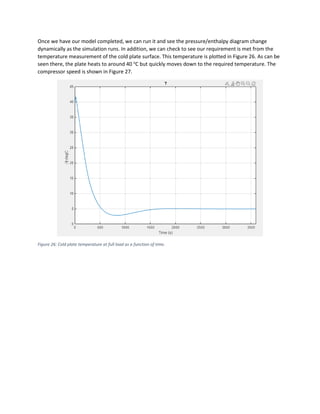 Once we have our model completed, we can run it and see the pressure/enthalpy diagram change
dynamically as the simulation runs. In addition, we can check to see our requirement is met from the
temperature measurement of the cold plate surface. This temperature is plotted in Figure 26. As can be
seen there, the plate heats to around 40 o
C but quickly moves down to the required temperature. The
compressor speed is shown in Figure 27.
Figure 26: Cold plate temperature at full load as a function of time.
 