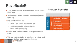 RevoScaleR
 An R package ships exclusively with Revolution R
Enterprise

Revolution R Enterprise

 Implements Parallel External Memory Algorithms
(PEMAs)
 Provides functions to:

DeployR
ConnectR

– Import, Clean, Explore and Transform Data
– Statistical Analysis and Predictive Analytics
– Enable distributed computing

RevoScaleR
DistributedR

 Scales from small local data to huge distributed
data
 The same code works on small and big data, and
on workstation, server, cluster, Hadoop
6

 