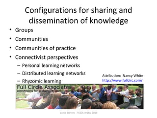 Configurations for sharing and dissemination of knowledge Groups Communities Communities of practice Connectivist perspectives Personal learning networks Distributed learning networks Rhyzomic learning Attribution:  Nancy White  http://www.fullcirc.com/ Vance Stevens - TESOL Arabia 2010 