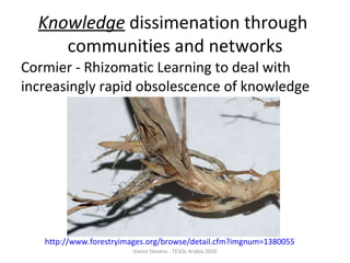 Cormier - Rhizomatic Learning to deal with increasingly rapid obsolescence of knowledge Knowledge  dissimenation through  communities and networks http://www.forestryimages.org/browse/detail.cfm?imgnum=1380055 Vance Stevens - TESOL Arabia 2010 