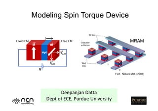 Modeling Spin Torque Device

                    I
Fixed FM   →             →
                                 Free FM                             MRAM
           M             m
                                 →
                   MgO           τ⊥,m

                         →
                         τ||
                          ||,m

               V
                                                         Fert, Nature Mat. (2007)




                              Deepanjan Datta
                        Dept of ECE, Purdue University                     1
 