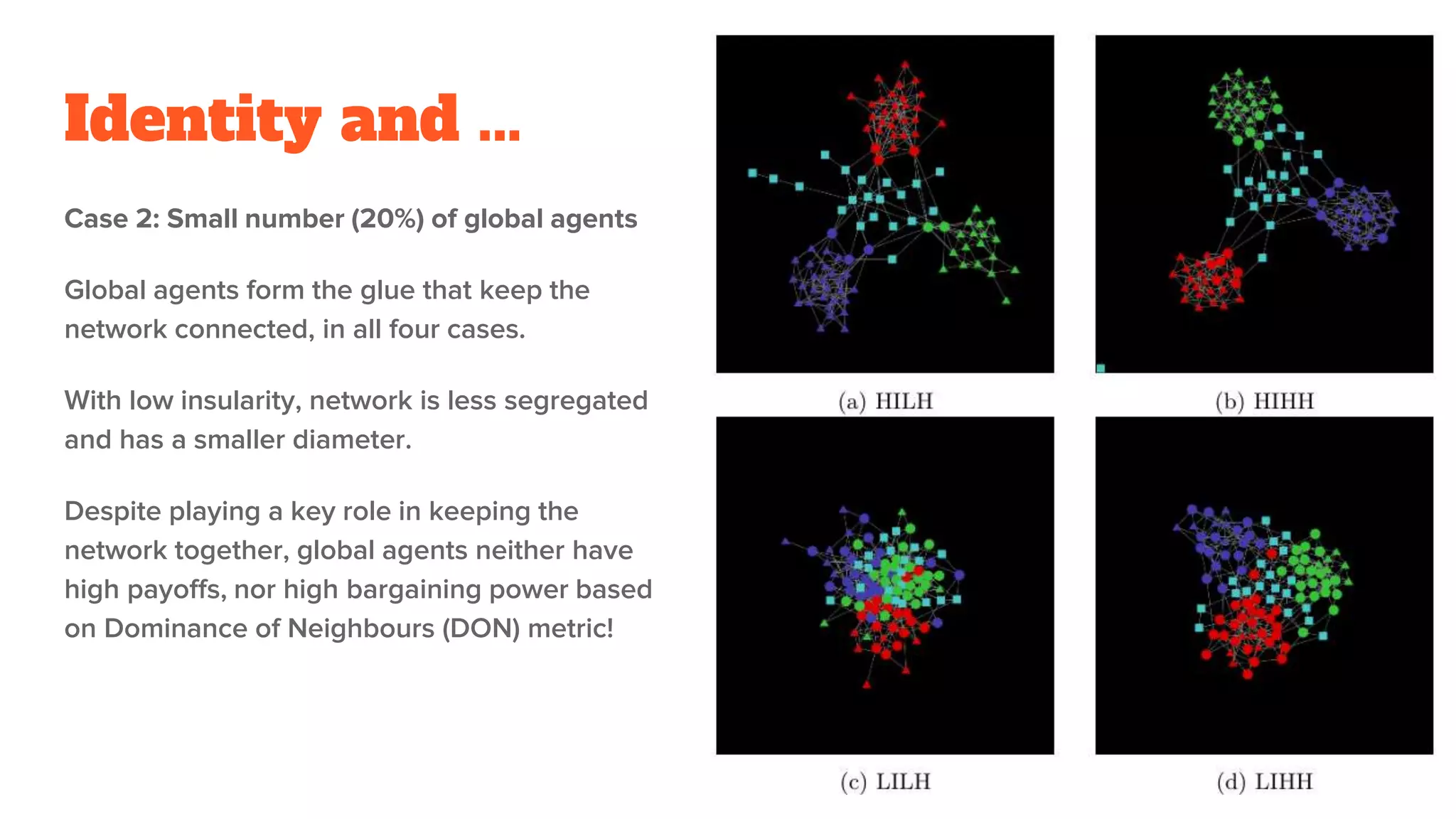 Identity and ...
Case 2: Small number (20%) of global agents
Global agents form the glue that keep the
network connected, in all four cases.
With low insularity, network is less segregated
and has a smaller diameter.
Despite playing a key role in keeping the
network together, global agents neither have
high payoffs, nor high bargaining power based
on Dominance of Neighbours (DON) metric!
32
 