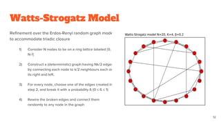 Watts-Strogatz Model
Refinement over the Erdos-Renyi random graph model
to accommodate triadic closure
1) Consider N nodes to be on a ring lattice labeled [0,
N-1]
2) Construct a (deterministic) graph having Nk/2 edges
by connecting each node to k/2 neighbours each on
its right and left.
3) For every node, choose one of the edges created in
step 2, and break it with a probability ß (0 ≤ ß ≤ 1)
4) Rewire the broken edges and connect them
randomly to any node in the graph
12
 
