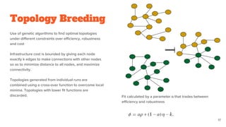 Topology Breeding
Use of genetic algorithms to find optimal topologies
under different constraints over efficiency, robustness
and cost
Infrastructure cost is bounded by giving each node
exactly k edges to make connections with other nodes
so as to minimize distance to all nodes, and maximize
connectivity.
Topologies generated from individual runs are
combined using a cross-over function to overcome local
minima. Topologies with lower fit functions are
discarded. Fit calculated by a parameter α that trades between
efficiency and robustness
17
 