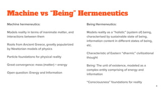 Machine vs “Being” Hermeneutics
Machine hermeneutics:
Models reality in terms of inanimate matter, and
interactions between them
Roots from Ancient Greece, greatly popularized
by Newtonian models of physics
Particle foundations for physical reality
Great convergence: mass (matter) = energy
Open question: Energy and Information
Being Hermeneutics:
Models reality as a “holistic” (system of) being,
characterised by sustainable state of being,
information content in different states of being,
etc.
Characteristic of Eastern “dharmic” civilizational
thought
Being: The unit of existence, modeled as a
complex entity comprising of energy and
information
“Consciousness” foundations for reality
4
 